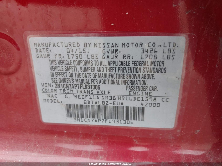 2015 NISSAN VERSA VIN: 3N1CN7AP7FL931306