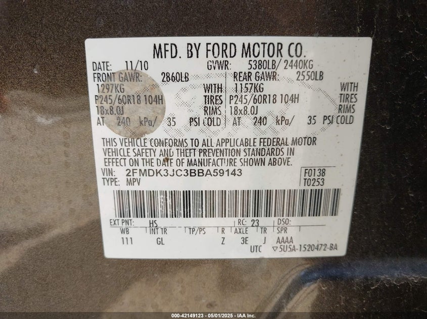 2011 FORD EDGE VIN: 2FMDK3JC3BBA59143