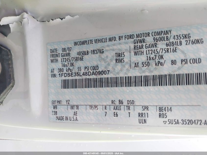 2008 Ford E-350 Cutaway VIN: 1FDSE35L48DA09007 Lot: 42149145