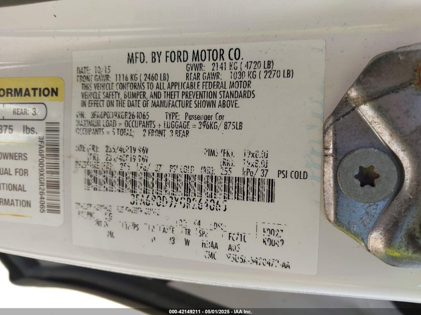 2016 FORD FUSION VIN: 3FA6P0D9XGR264065