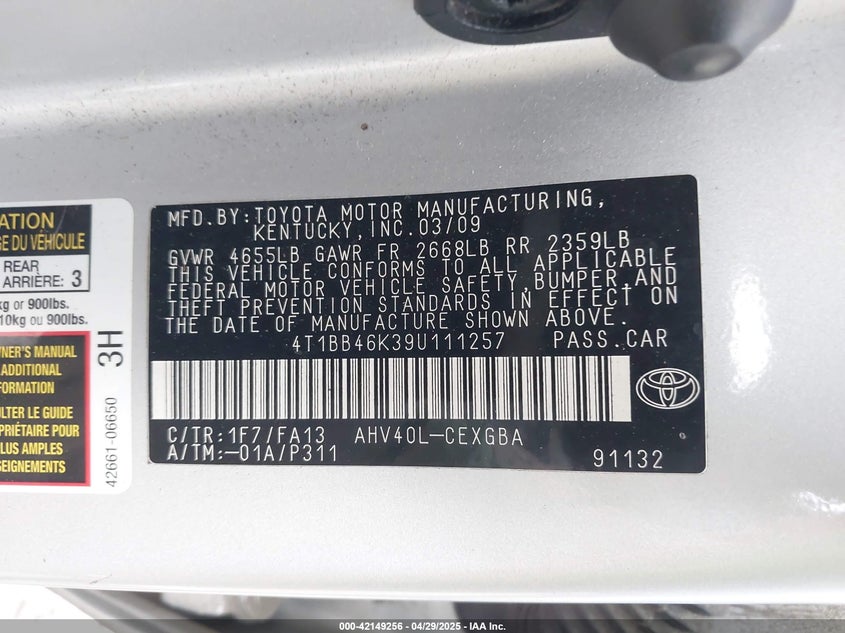 2009 TOYOTA CAMRY HYBRID VIN: 4T1BB46K39U111257