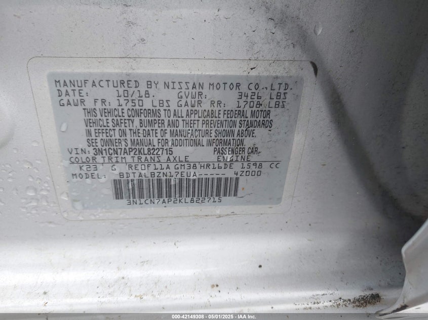 2019 NISSAN VERSA VIN: 3N1CN7AP2KL822715
