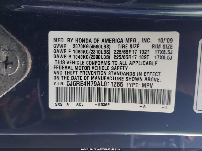 2010 HONDA CR-V VIN: 5J6RE4H79AL011266
