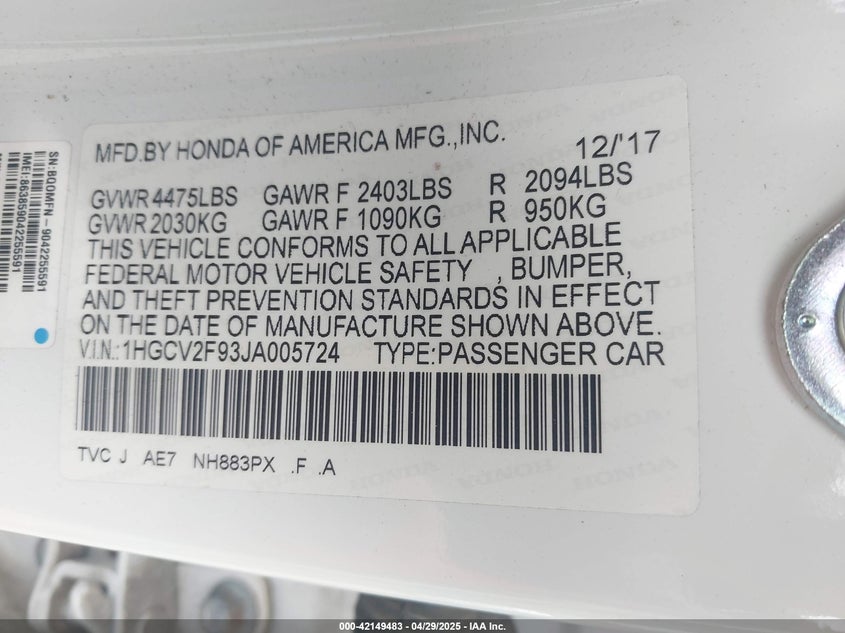 2018 HONDA ACCORD VIN: 1HGCV2F93JA005724