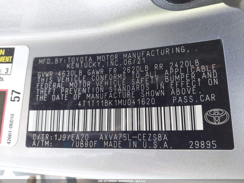 2021 TOYOTA CAMRY VIN: 4T1T11BK1MU041620