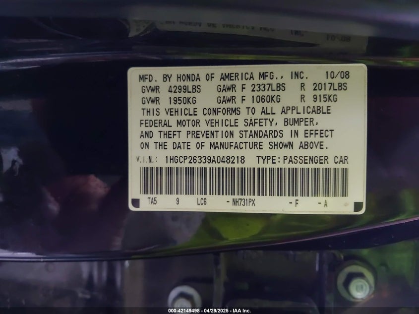 2009 HONDA ACCORD VIN: 1HGCP26339A048218