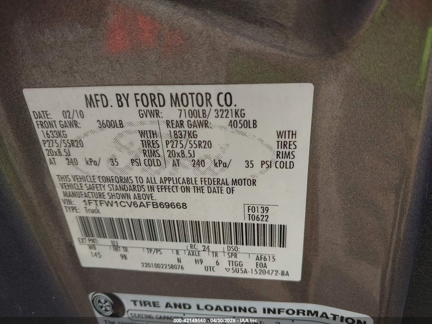 2010 FORD F-150 VIN: 1FTFW1CV6AFB69668