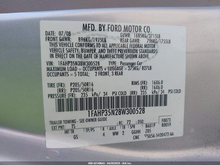 2008 FORD FOCUS VIN: 1FAHP35N28W300528