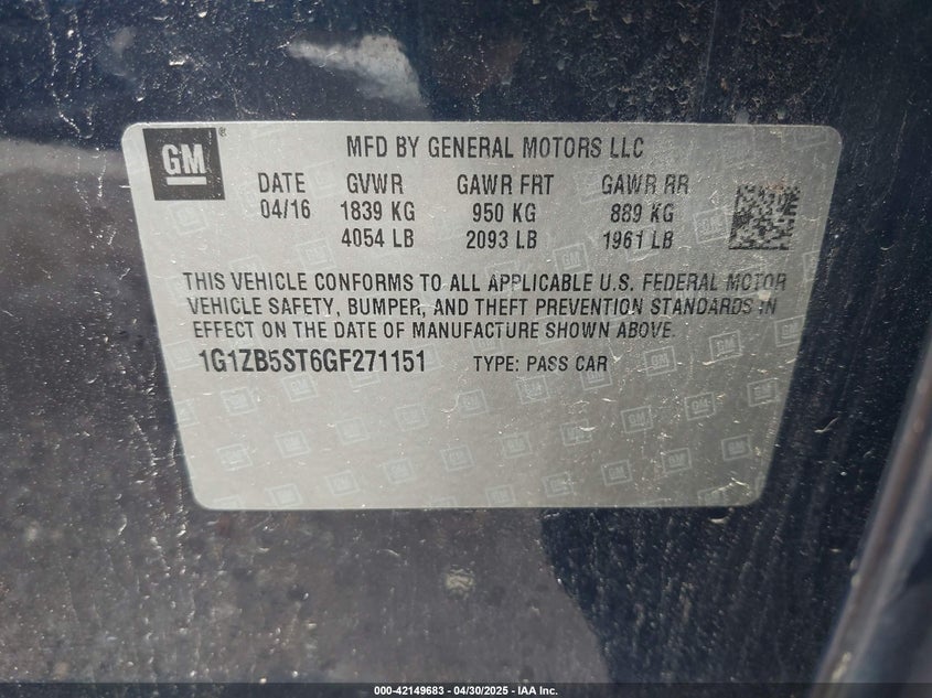 2016 CHEVROLET MALIBU VIN: 1G1ZB5ST6GF271151