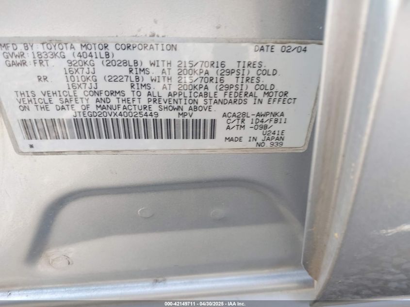 2004 Toyota Rav4 VIN: JTEGD20VX40025449 Lot: 42149711