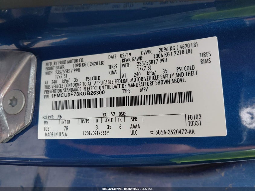 VIN 1FMCU0F78KUB26300 2019 FORD ESCAPE S