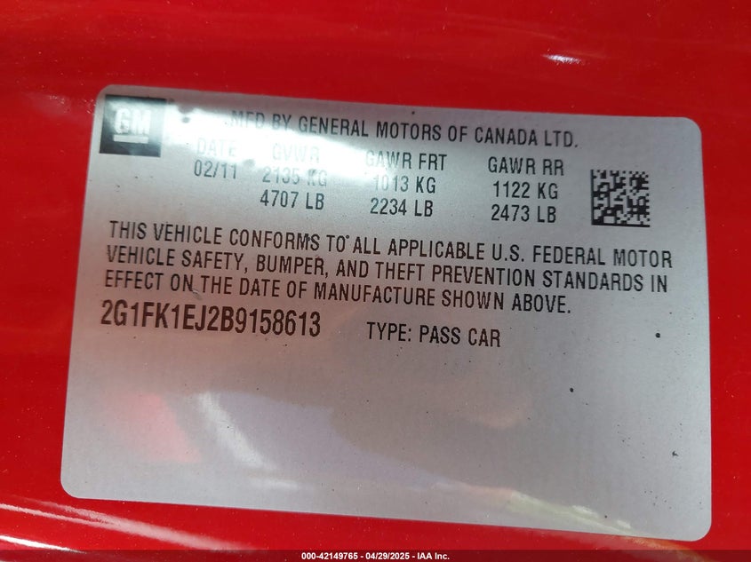 2011 CHEVROLET CAMARO VIN: 2G1FK1EJ2B9158613