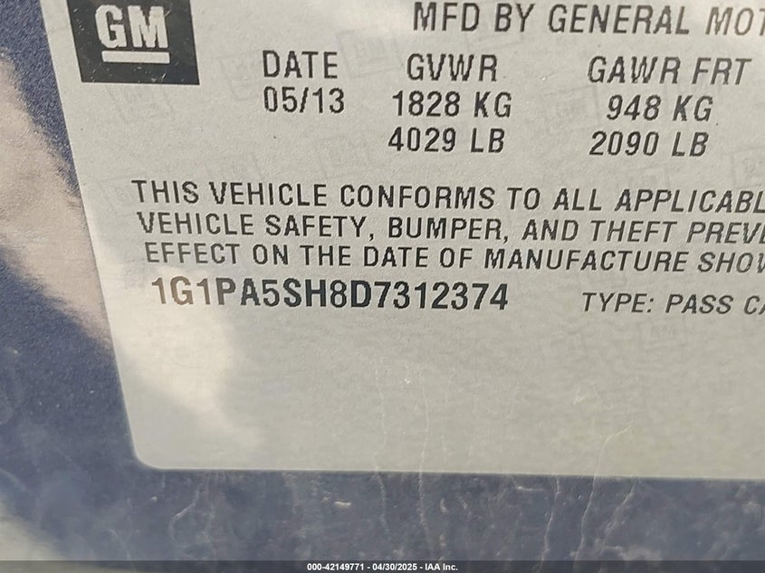 2013 CHEVROLET CRUZE VIN: 1G1PA5SH8D7312374