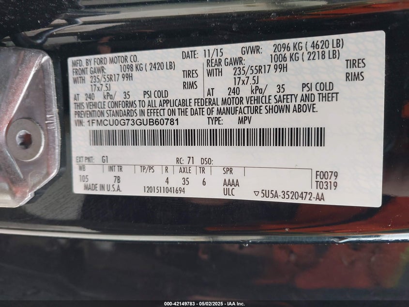 2016 FORD ESCAPE VIN: 1FMCU0G73GUB60781