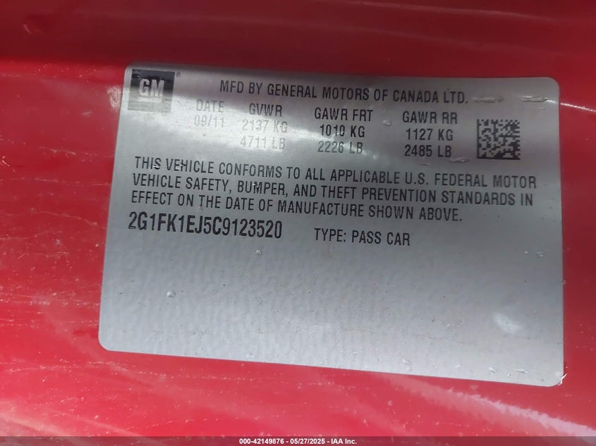 2012 Chevrolet Camaro 2Ss VIN: 2G1FK1EJ5C9123520 Lot: 42149876