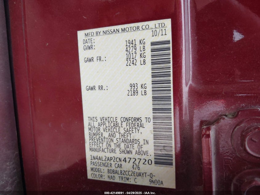 2012 NISSAN ALTIMA VIN: 1N4AL2AP2CN472720