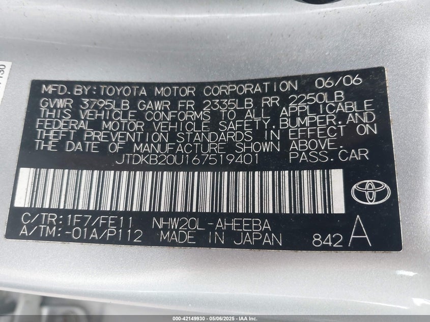 2006 TOYOTA PRIUS VIN: JTDKB20U167519401