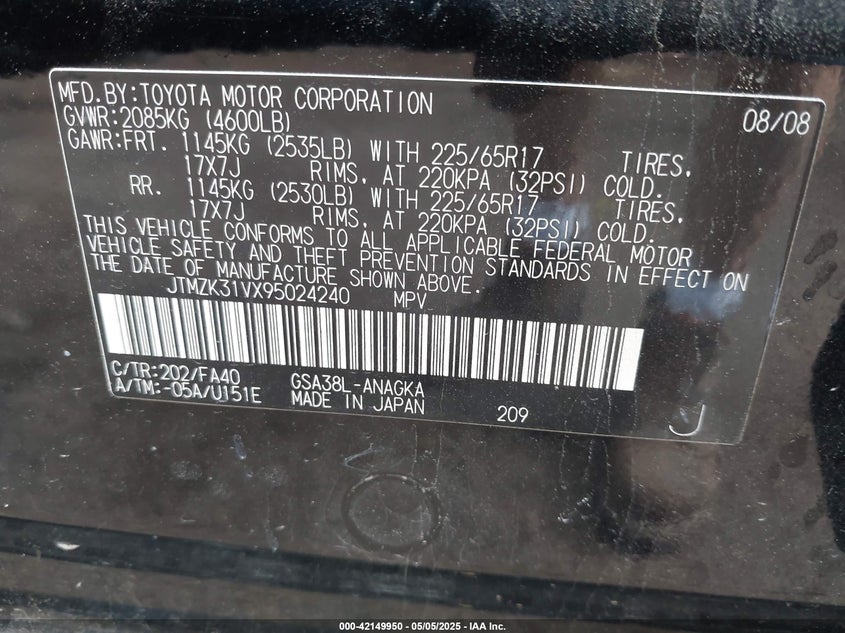 2009 TOYOTA RAV4 VIN: JTMZK31VX95024240
