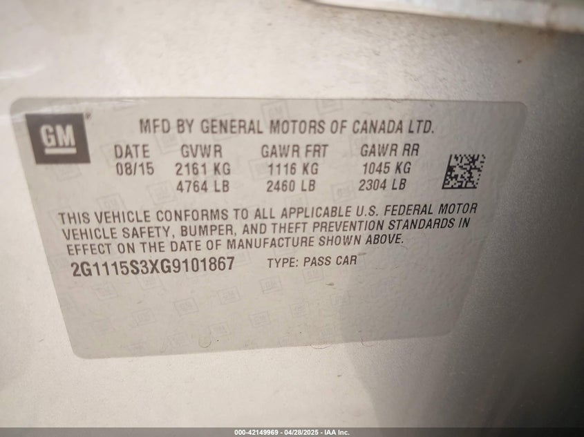 2016 CHEVROLET IMPALA VIN: 2G1115S3XG9101867