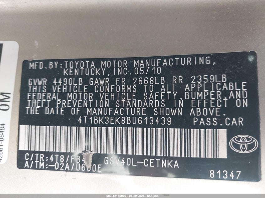 2011 TOYOTA CAMRY VIN: 4T1BK3EK8BU613439