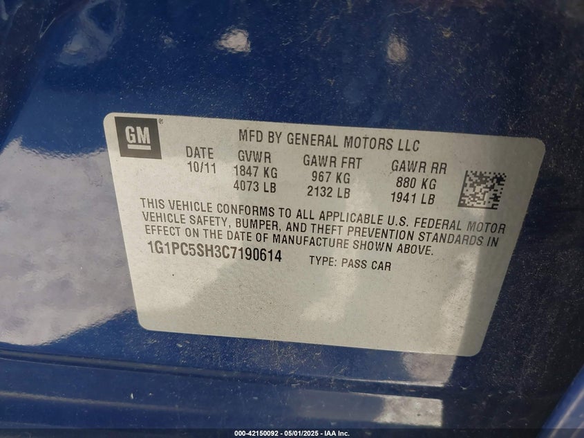 2012 CHEVROLET CRUZE VIN: 1G1PC5SH3C7190614
