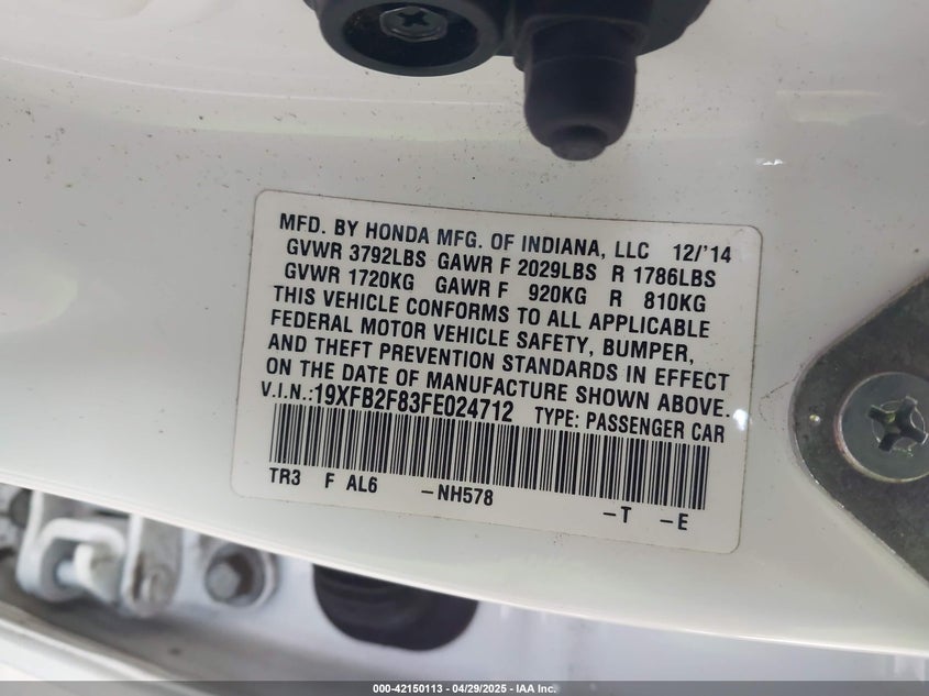 2015 HONDA CIVIC VIN: 19XFB2F83FE024712