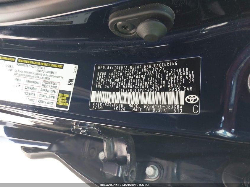 2023 TOYOTA COROLLA VIN: 5YFS4MCE1PP140537