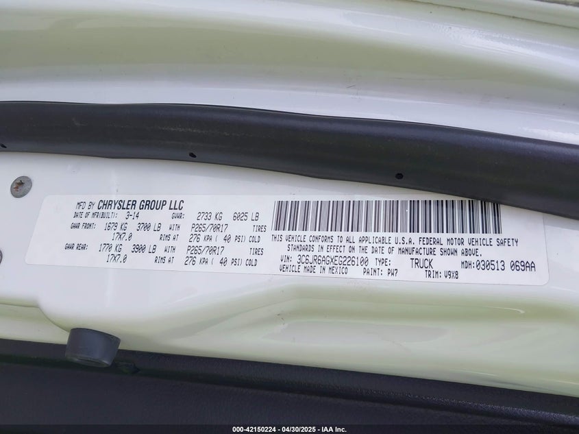 2014 RAM 1500 VIN: 3C6JR6AGXEG226100