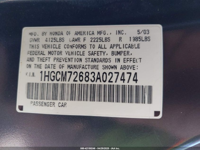 2003 Honda Accord 2.4 Ex VIN: 1HGCM72683A027474 Lot: 42150246