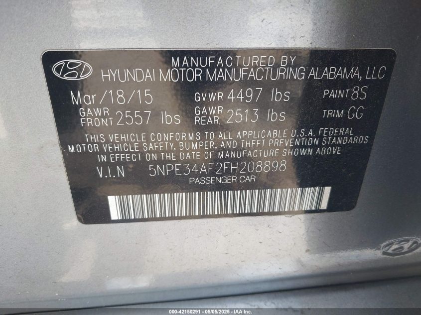 2015 Hyundai Sonata Limited/Sport VIN: 5NPE34AF2F8208898 Lot: 42150291