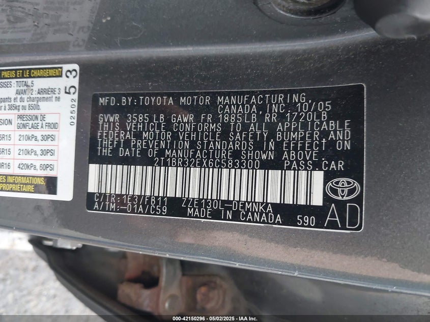 2006 TOYOTA COROLLA VIN: 2T1BR32EX6C583300