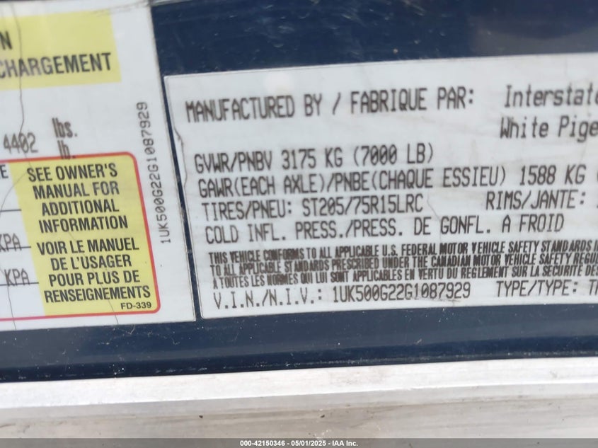 2016 International Trailer VIN: 1UK500G2261087929 Lot: 42150346