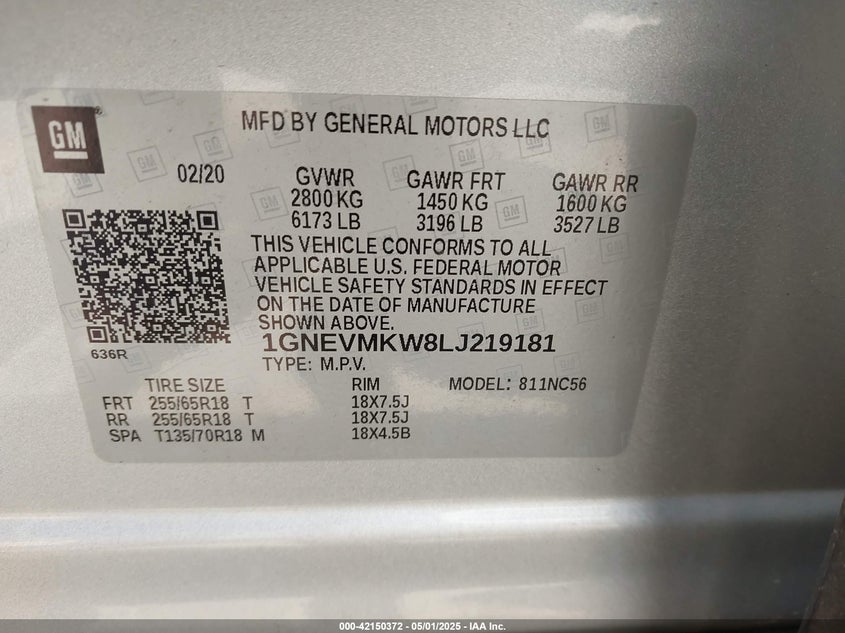 2020 CHEVROLET TRAVERSE VIN: 1GNEVMKW8LJ219181