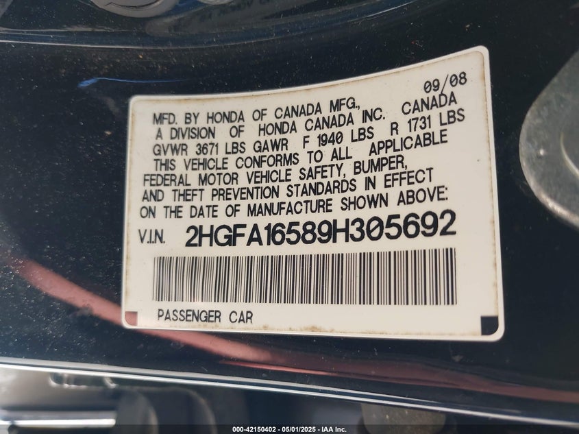2009 HONDA CIVIC VIN: 2HGFA16589H305692