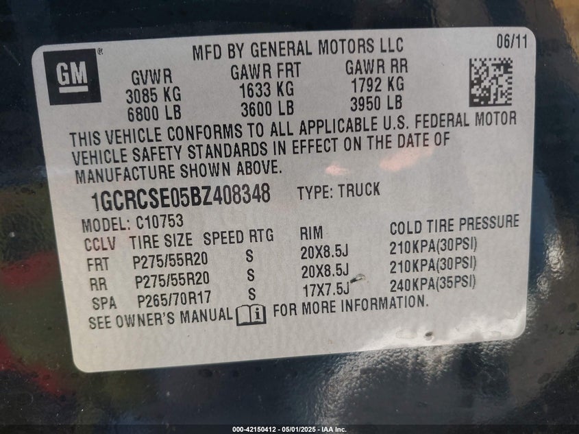 2011 CHEVROLET SILVERADO 1500 VIN: 1GCRCSE05BZ408348