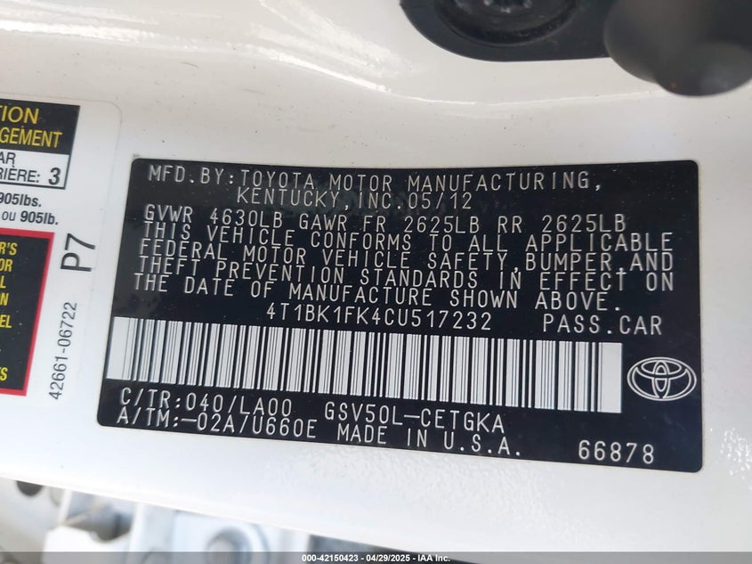2012 TOYOTA CAMRY VIN: 4T1BK1FK4CU517232