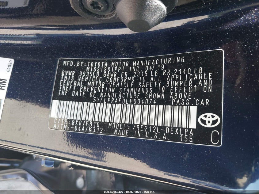 2020 TOYOTA COROLLA VIN: 5YFEPRAE0LP004074