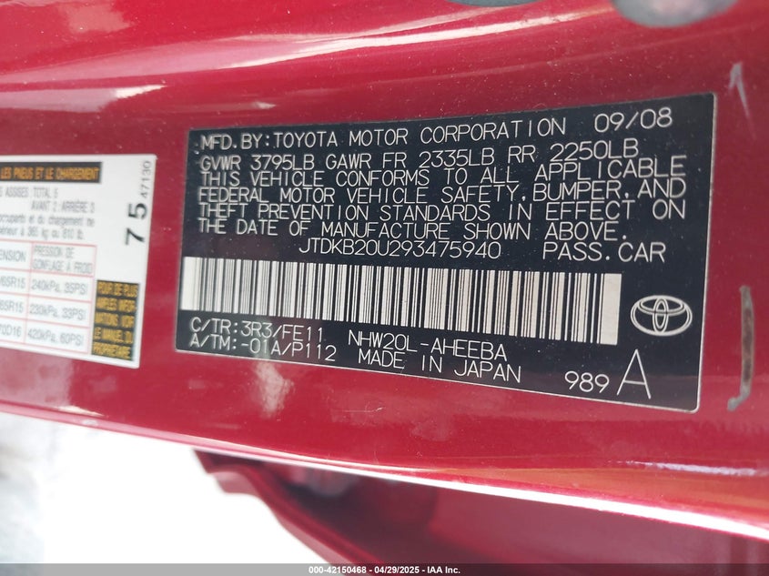 2009 TOYOTA PRIUS VIN: JTDKB20U293475940