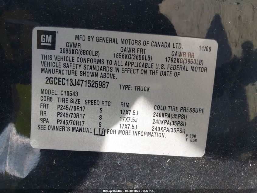 2007 Chevrolet Silverado 1500 Lt1 VIN: 2GCEC13J471525987 Lot: 42150480