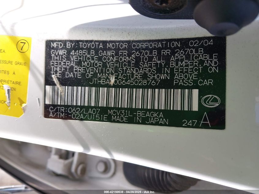 2004 Lexus Es 330 VIN: JTHBA30G645028767 Lot: 42150538