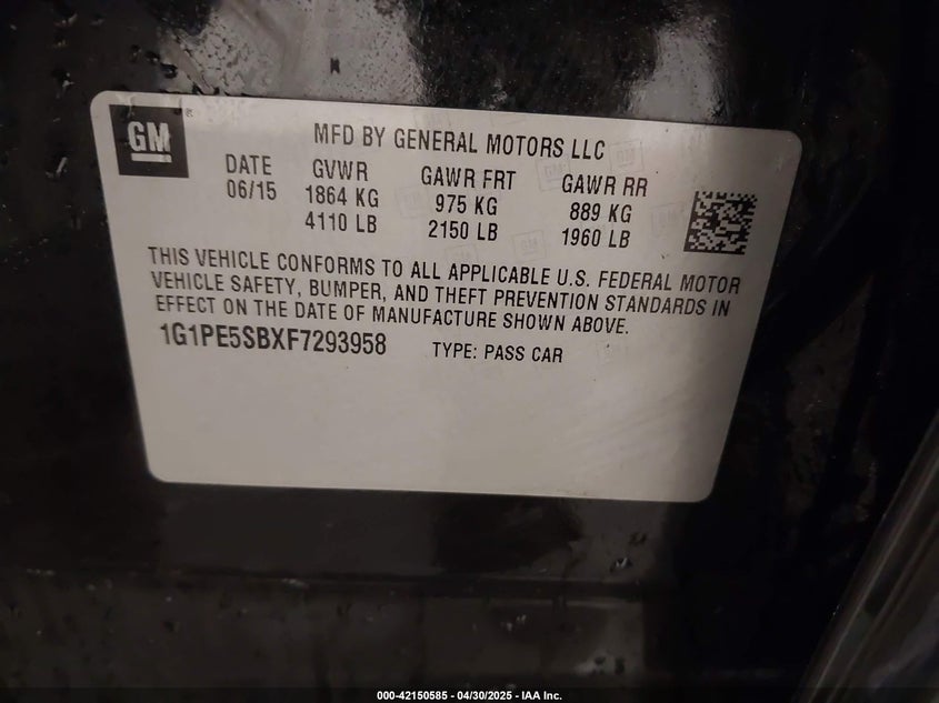 2015 CHEVROLET CRUZE VIN: 1G1PE5SBXF7293958