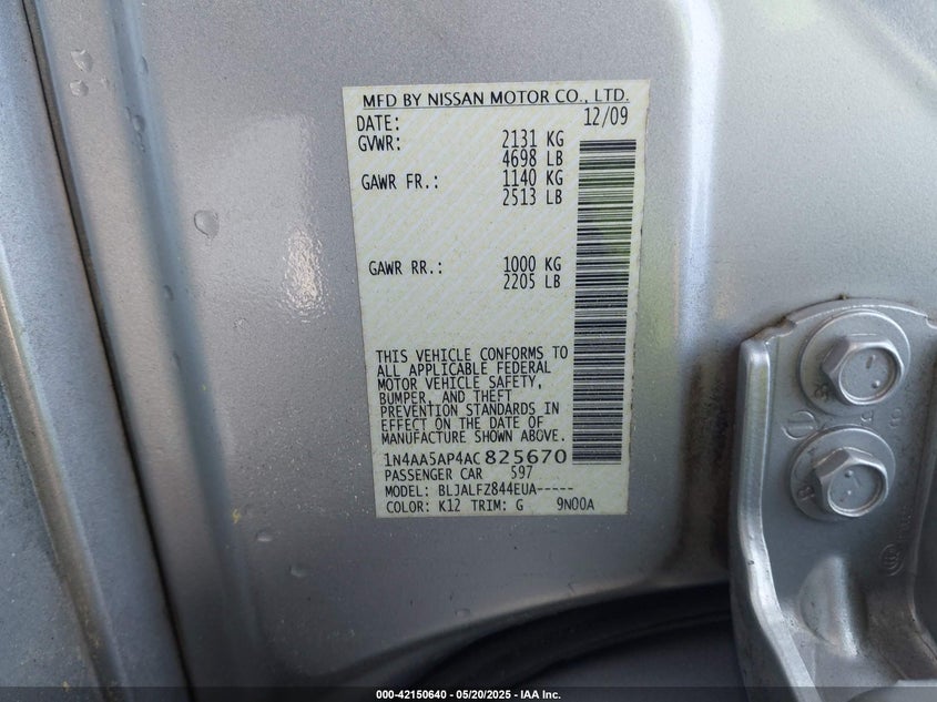 2010 NISSAN MAXIMA VIN: 1N4AA5AP4AC825670