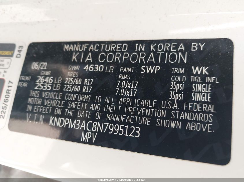 2022 Kia Sportage Lx VIN: KNDPM3AC8N7995123 Lot: 42150713