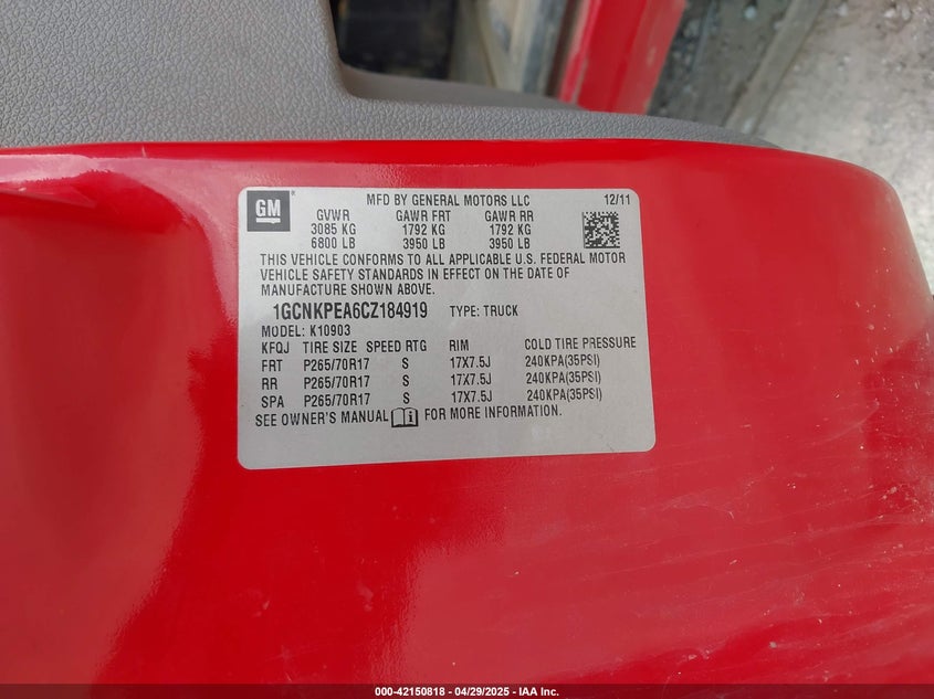 2012 CHEVROLET SILVERADO 1500 VIN: 1GCNKPEA6CZ184919