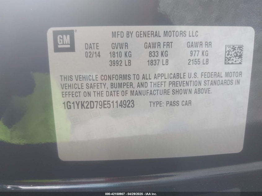2014 Chevrolet Corvette Stingray Z51 VIN: 1G1YK2D79E5114923 Lot: 42150907