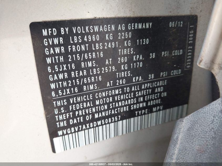 2013 Volkswagen Tiguan S VIN: WVGBV7AX8DW508357 Lot: 42150937