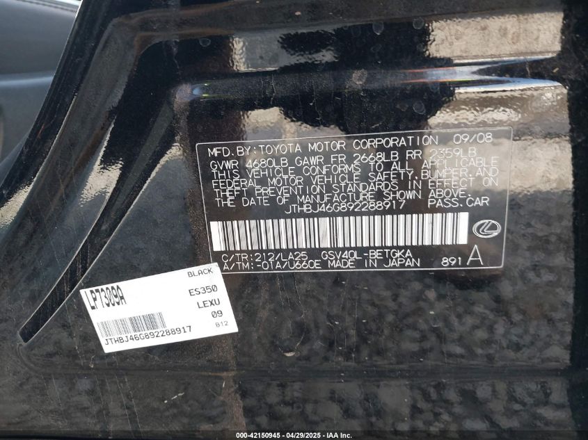 2009 Lexus Es 350 VIN: JTHBJ46G892288917 Lot: 42150945