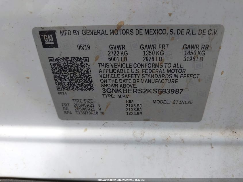 2019 Chevrolet Blazer Rs VIN: 3GNKBERS2KS683987 Lot: 42151002