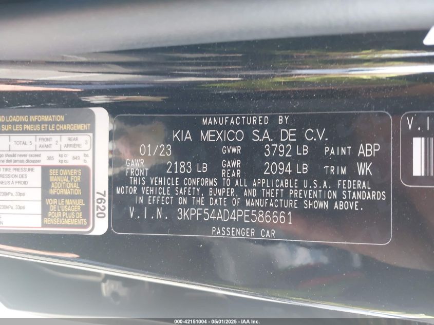 2023 Kia Forte Gt-Line VIN: 3KPF54AD4PE586661 Lot: 42151004