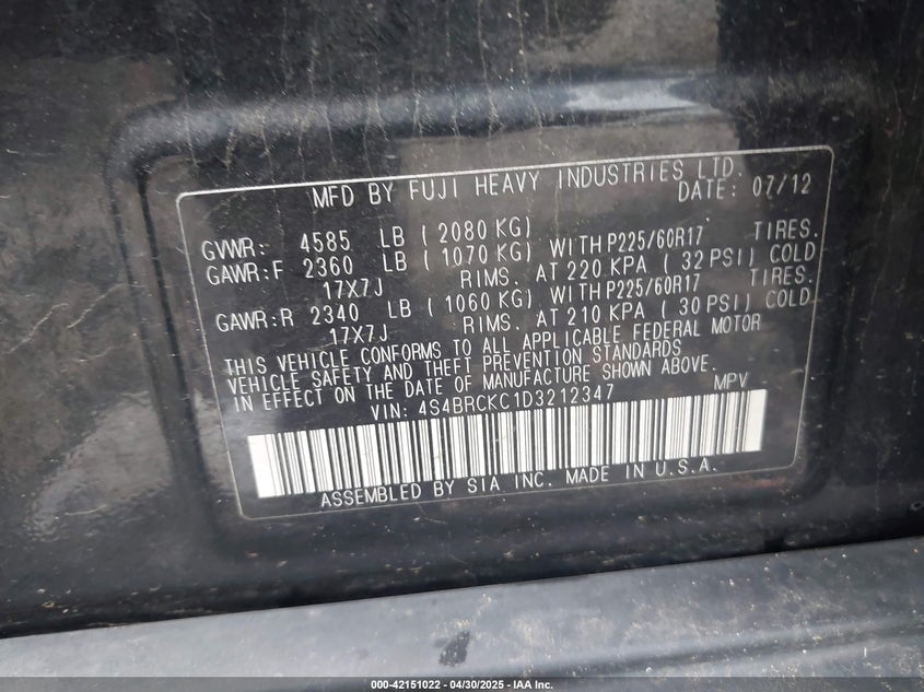 2013 SUBARU OUTBACK VIN: 4S4BRCKC1D3212347